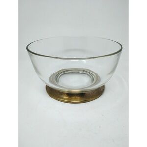 Vintage Mid-Century Modern Glass Footed Serving Bowl with Brass Tone Base 9 In